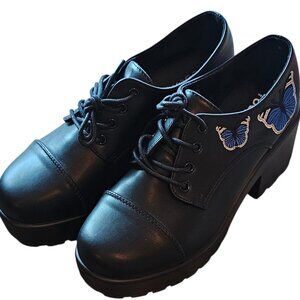 "Koi Black Lace-Up Oxford Shoes – Blue Butterfly Embroidery – Size 5 – NW/OT